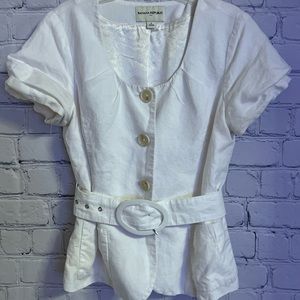 Banana Republic White Button Down Belted Waist Short Sleeve Blouse Size 8